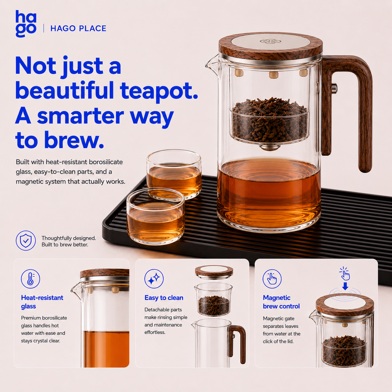 Hago® MagBrew Magnetic One-Click Glass Teapot with Built-in Infuser & Water Separation