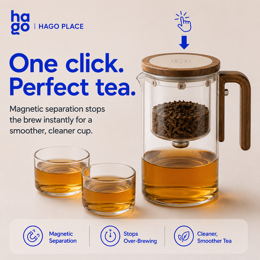 Hago® MagBrew Magnetic One-Click Glass Teapot with Built-in Infuser & Water Separation