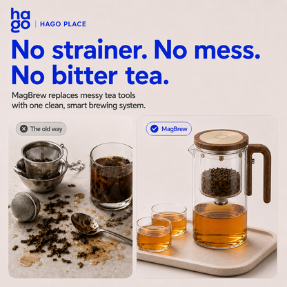 Hago® MagBrew Magnetic One-Click Glass Teapot with Built-in Infuser & Water Separation