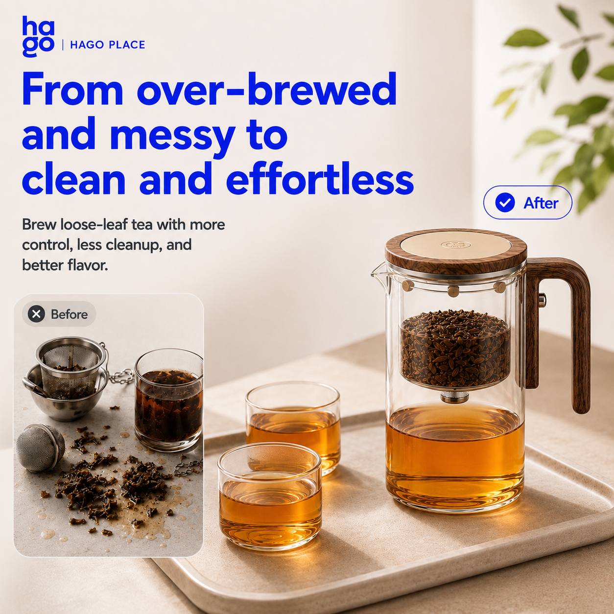 Hago® MagBrew Magnetic One-Click Glass Teapot with Built-in Infuser & Water Separation